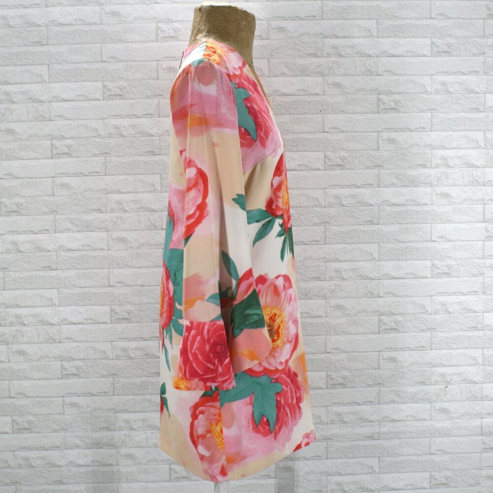 CALVIN KLEIN Ember Multi Dress Floral Bold Colorful Bell Sleeves V-Neck Orange 2 - Picture 5 of 16